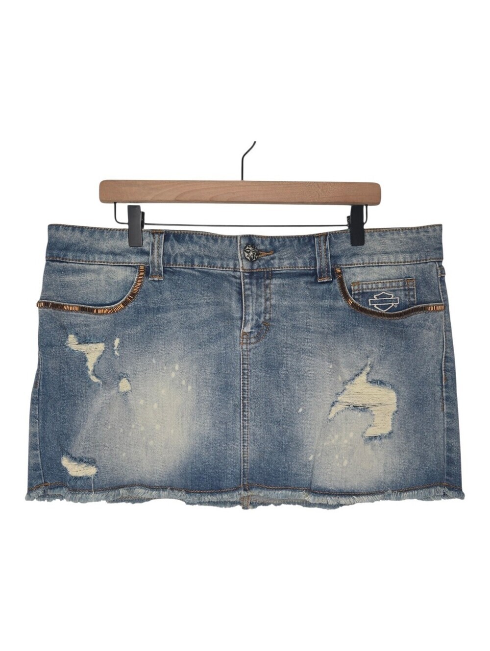 Harley Davidson Womens Retro Y2K Embroidered Beaded Mini Denim Jean Skirt 16